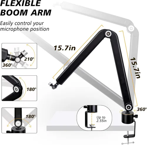 Miniatura 2 de SUNMON Shure SM7B - Brazo de brazo con filtro emergente, brazo de micrófono de ajuste gratuito compatible con micrófono SM7B, parabrisas