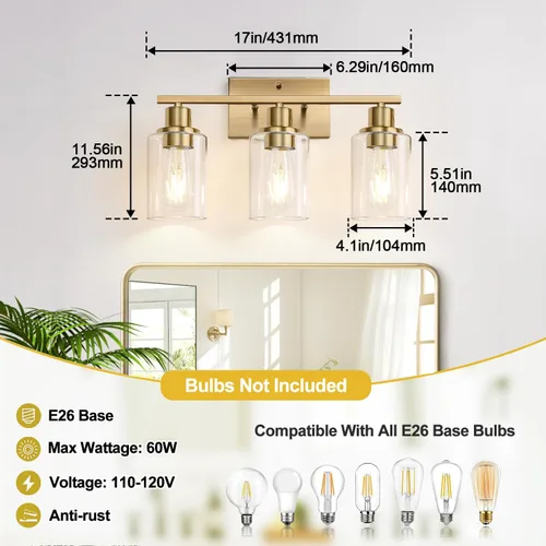 Miniatura 8 de Indoi Lámparas de baño de 3 luces, luces de tocador de latón para baño con pantallas de vidrio transparente, modernos apliques de pared de baño