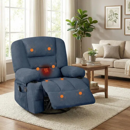 Silla reclinable ancha de gran tamaño, masaje de calor y vibración, silla mecedora giratoria de 360° para adultos, silla reclinable manual de tela