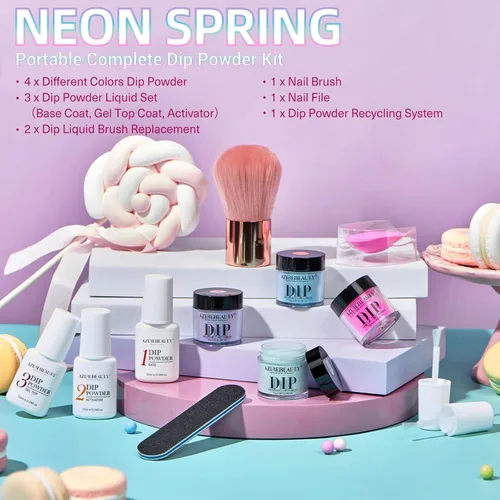 Miniatura 5 de Azurebeauty - Kit de iniciación de uñas de polvo de inmersión, primavera y verano, tonos pastel verde brillante, rosa intenso, púrpura, 4