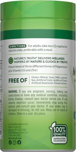 Miniatura 7 de Nature's Truth Suplemento triple de complejo de magnesio 60 cápsulas glicinato, citrato y malato con D3 y zinc Vegetariano, sin OMG y sin