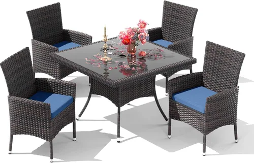 Miniatura 7 de Juego de 10 piezas de comedor para patio al aire libre, mesa de patio y sillas de ratán con agujero para paraguas, juego de mesa de comedor para 8
