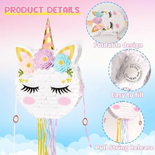 Miniatura 4 de Piñata plegable de unicornio, suministros para fiesta de cumpleaños, piñata extensible con bate y flecos, decoración de fiesta temática, piñatas