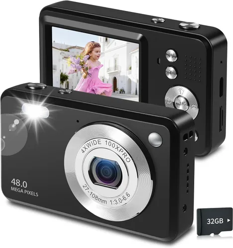 Cámara digital para niños, cámaras digitales 1080P de 48MP para apuntar y disparar con tarjeta de memoria de 32 GB y zoom digital de 16X, cámara