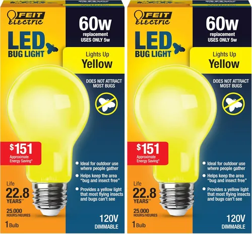 Miniatura 13 de Feit Electric A19 - Luz LED para insectos para exteriores, equivalente a 60 vatios, bombilla LED no regulable, base mediana E26, 120 V, 22 años