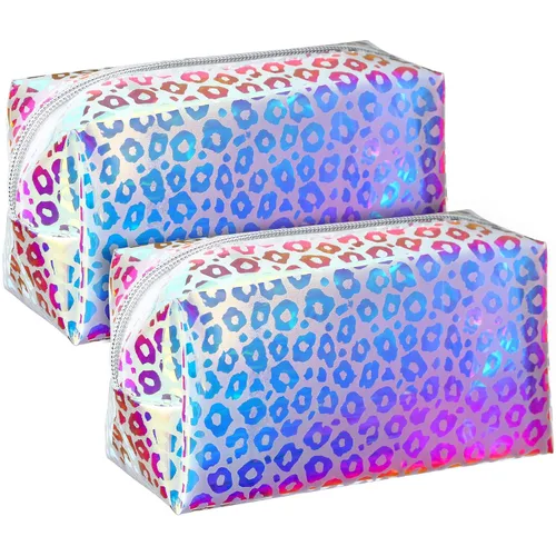 Boao 2 bolsas de maquillaje holográficas iridiscentes transparentes con purpurina, bolsa de cosméticos de viaje, bolsa de aseo con cremallera,