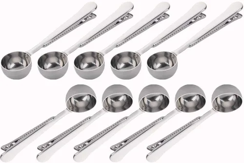 Miniatura 8 de 10 Pakcs cuchara y clip 2 en 1 acero inoxidable 1 cucharada de medición de tierra cuchara con clip de bolsa para café té Negro