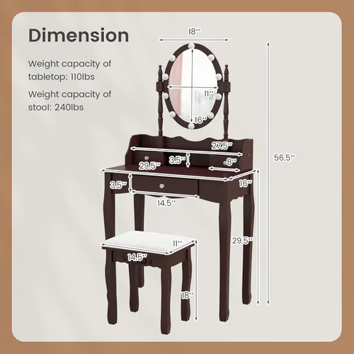 Miniatura 4 de Byroce - Juego de tocador con taburete acolchado, mesa de maquillaje con espejo ovalado iluminado giratorio de 360°, 3 cajones, 10 luces LED