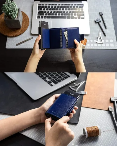 Miniatura 4 de VULKIT Tarjetero de crédito con bloqueo RFID de cuero automático billetera desplegable delgada con clip para dinero funda doble para tarjetas