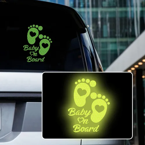 Adhesivo reflectante de alta intensidad para automóvil de bebé a bordo, impermeable, linda huella de bebé en coche, letrero de advertencia de Verde