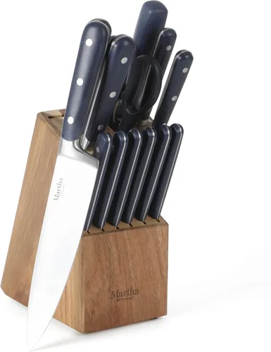 Miniatura 10 de Martha Stewart Eastwalk Juego de 14 cuchillos de acero inoxidable de alto carbono con mango forjado remachado triple de ABS, bloque de madera de Gris