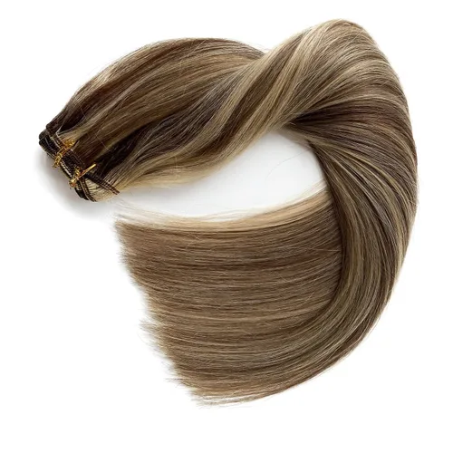 Miniatura 8 de Extensiones de cabello humano real, balayage, color castaño ceniza a rubio miel, extensiones de cabello humano con reflejos, 14 pulgadas, 2.82 oz
