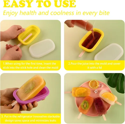 Miniatura 5 de Sakolla 4 moldes de silicona para paletas con tapa y 50 palitos de madera para paletas de madera, moldes ovalados clásicos apilables para helados