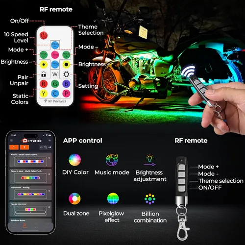 Miniatura 2 de Kit de 8 piezas de luces LED para motocicleta con señal de giro de freno, luces RGB para motocicleta con control remoto DITRIO APP/RF, zona dual, 12