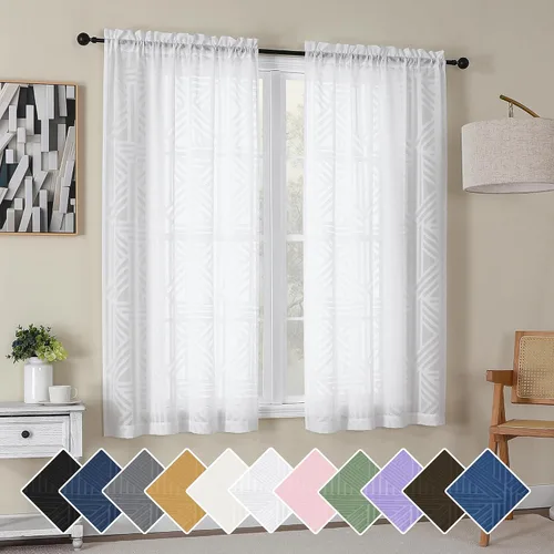Miniatura 68 de Simplebrand Cortinas traslúcidas negras de cocina de 24 pulgadas de largo, 2 paneles, filtrado de luz, geométrico jacquard con textura, cortinas