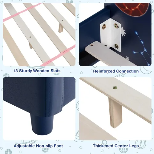 Miniatura 7 de Costzon Base de cama individual para niños, plataforma de cama individual tapizada de madera con soporte de listones, cabecera y estribo acolchados