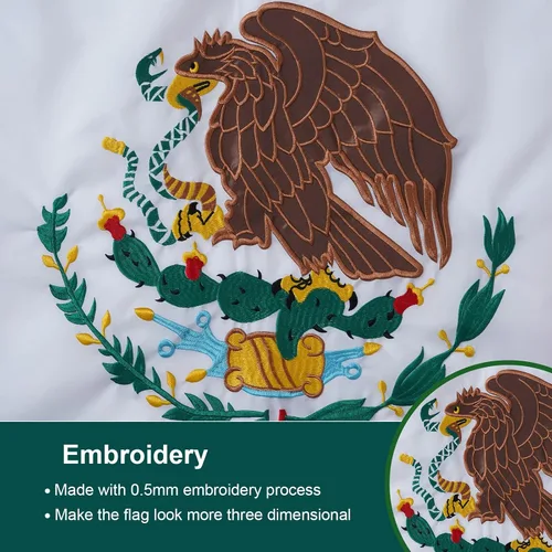 Miniatura 2 de SYII Bandera mexicana de 3 x 5 pies para exteriores, bordadas con 2 ojales de latón y rayas cosidas, poliéster 210D resistente
