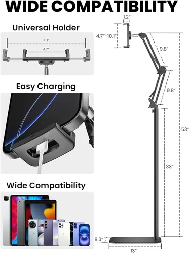 Miniatura 5 de Soporte de piso para tableta, soporte de metal giratorio de 360 grados, soporte para iPad de altura y ángulo ajustables, soporte universal