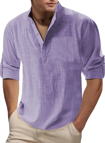 Miniatura 14 de Camisa de lino para hombre, manga larga, Henley, casual, verano, grande, alta, algodón, ligera, para negocios, trabajo, vacaciones, crucero
