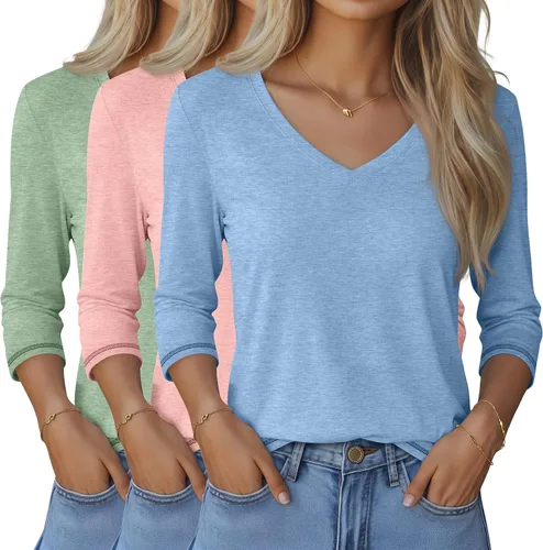 Miniatura 40 de Ficerd Paquete de 3 camisetas de manga 3/4 para mujer, cuello en V, blusas holgadas, blusas casuales, ropa de moda 2026
