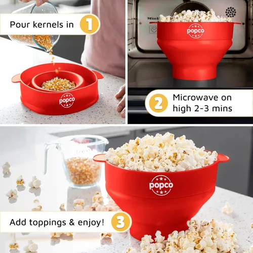 Miniatura 5 de POPCO Cuenco para Palomitas de Maíz para Microondas - Recipiente de Silicona para Hacer Palomitas con Asas - Diseño Plegable, 2.3 Pulgadas de Altura