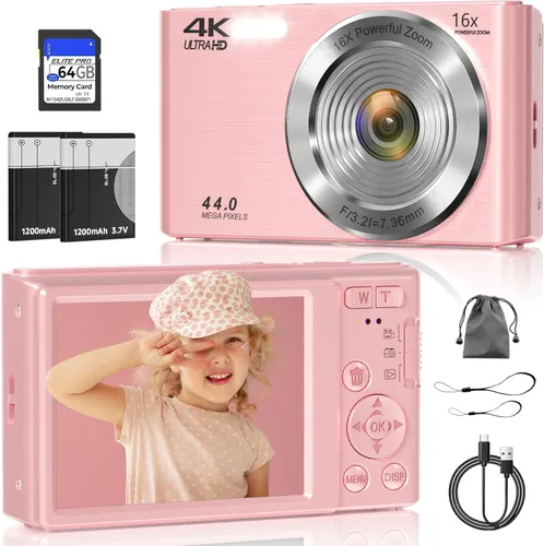 Miniatura 11 de Cámara digital, cámara de enfoque automático 4K para fotografía con tarjeta de 64GB, cámara digital compacta portátil de 44MP para adolescentes
