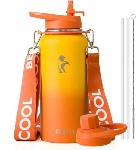 Miniatura 23 de Botella de agua Coolflask de 40 onzas con correa, botella de agua metálica aislada con popote y tapas con pico, acero inoxidable de doble pared al