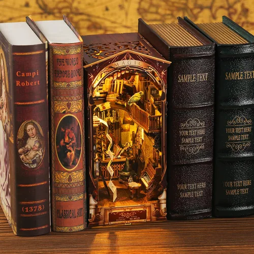 Miniatura 5 de Kit de rincón de libros de bricolaje, diorama de sujetalibros con LED, rompecabezas de madera 3D, kits de casa en miniatura para bricolaje