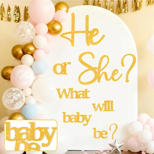 Miniatura 9 de Grandes calcomanías de revelación de género para telón de fondo, señal de baby shower de madera, ¿él o ella? ¿Qué será el bebé? Arco de globos