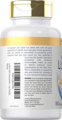 Miniatura 3 de Suplemento de luteína y zeaxantina Carlyle 40mg 180 cápsulas blandas Píldoras para los ojos Vitaminas para la salud ocular Visi-Gold Sin