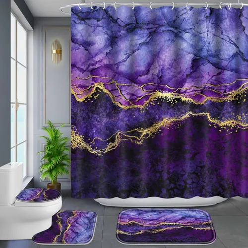 Miniatura 10 de Poedist Juego de 4 cortinas de ducha de baño con borde negro y dorado, juego de baño con cortina de ducha y alfombras
