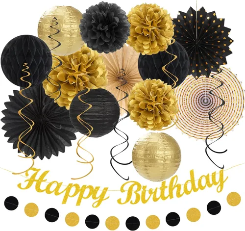 Paquete de decoración de fiesta de cumpleaños para mujeres y hombres - 21 piezas. Banner feliz, papel de banderines, linternas de panal, pompones de