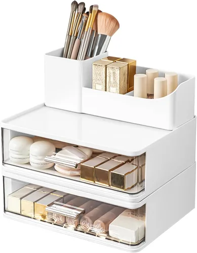 Miniatura 7 de DASITON Organizador de maquillaje para tocador con 2 cajones, organizador de cosméticos apilable con soporte para brochas de maquillaje, organizador