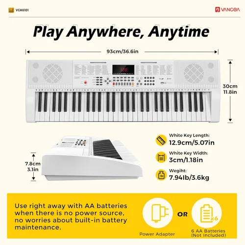 Miniatura 5 de Vangoa VGK6101 - Teclado de piano para principiantes, teclado de aprendizaje de 61 teclas con teclas iluminadas, teclado de piano eléctrico con 600