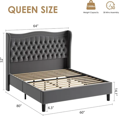 Miniatura 2 de Marco de cama tapizado tamaño Queen con cabecera alta, plataforma de terciopelo con respaldo de alas y botón profundo acolchonado, no necesita Gris