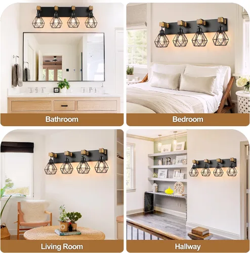 Miniatura 7 de Lámparas blancas para tocador de baño, luminarias de baño de madera de 2 luces sobre el espejo, apliques rústicos de pared con elegante pantalla