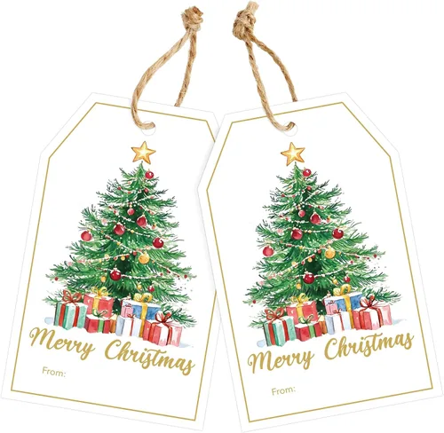 Miniatura 13 de joycraft 50 etiquetas de Feliz Navidad con cuerda - 3.3 x 2.1 pulgadas etiquetas blancas de papel con calcetín navideño, etiquetas colgantes