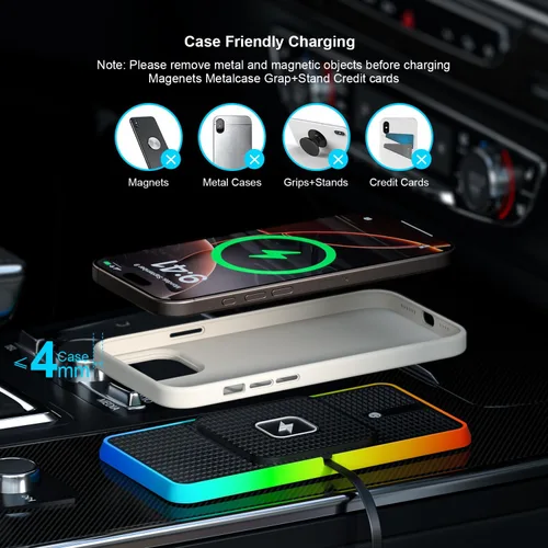 Miniatura 4 de Cargador inalámbrico para automóvil, cargador de teléfono inalámbrico POLMXS de 15 W, alfombrilla de carga inalámbrica para teléfono celular RGB