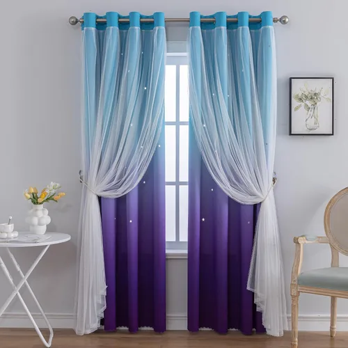 indistar Cortinas opacas de rayas coloridas con recortes de estrellas para dormitorio, 2 capas de diseño mixto de tela y tul, bonita cortina de