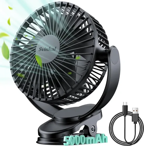 Svinkal Ventilador personal USB con clip de 5000 mAh, funciona con pilas, 6 pulgadas, tipo C, 3 velocidades, ajuste de 720°, pequeño ventilador