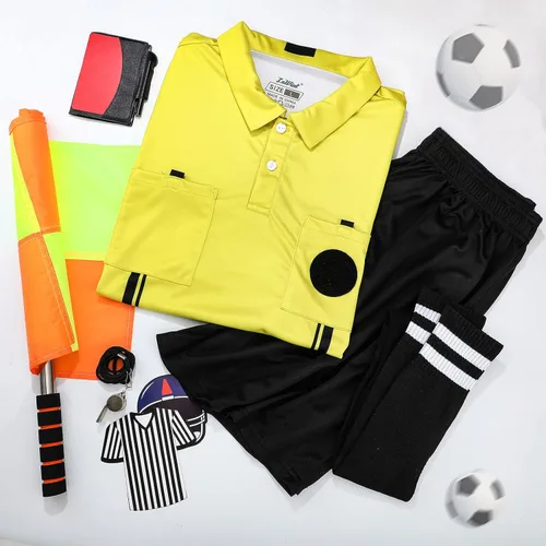 Miniatura 6 de Hicarer Juego de 6 piezas de árbitro de fútbol para hombres, disfraz de árbitro de fútbol, camisa, banderas, tarjetas de silbato, accesorio
