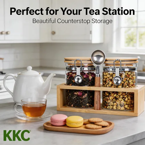 Miniatura 3 de KKC - Recipiente de té de vidrio con tapas y cuchara de bambú Tarros de almacenamiento de té sueltos herméticos de 27 onzas para bolsa de té y té