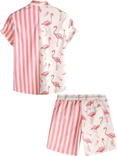 Miniatura 2 de VATPAVE Conjuntos hawaianos de flamenco para hombre, camisas casuales de manga corta con botones, trajes de verano