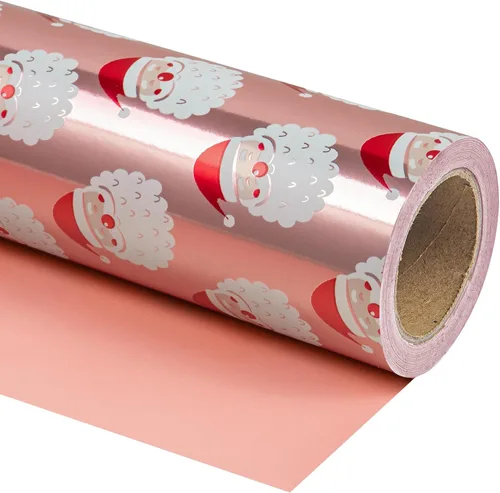 WRAPAHOLIC - Papel de regalo de Navidad reversible, minirollo, 17 pulgadas x 33 pies, diseño de Papá Noel y oro rosa liso con brillo metálico para