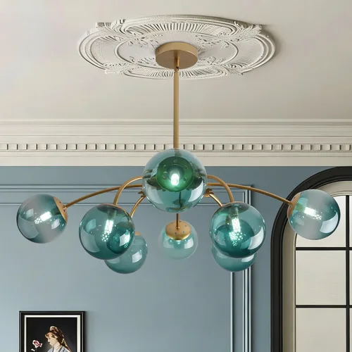 Miniatura 11 de Candelabros Sputnik dorados con globo de vidrio azul, lámpara de techo empotrada con 3 luces de acento de flor de mediados de siglo, candelabros