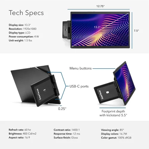 Miniatura 7 de SideTrak Swivel Pro - Monitor portátil ultra delgado de 13.3 pulgadas, pantallas para laptop FHD IPS 1080p con soporte + bisagra giratoria patentada