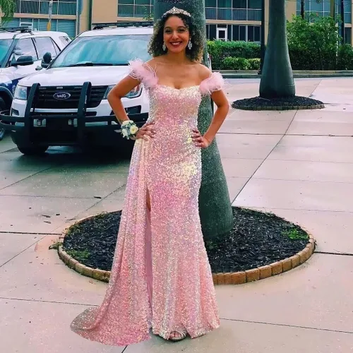 Miniatura 2 de Vestidos de fiesta de lentejuelas con hombros descubiertos, vestido formal de sirena brillante, vestido largo de fiesta de noche con abertura