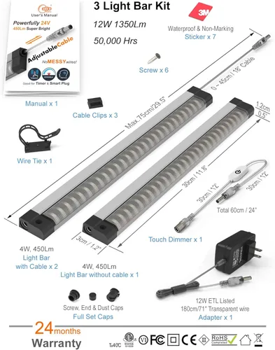 Miniatura 5 de Iluminación LED para debajo del gabinete, luz táctil para gabinete, cable ajustable integrado, sin cables desordenados, 3 paneles de luces