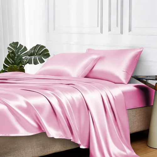 Miniatura 34 de MR&HM Sábanas de satén para cama de tamaño King, juego de 4 piezas de ropa de cama sedosa con bolsillo profundo de 15 pulgadas para colchón