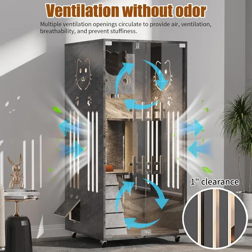 Miniatura 2 de Casa de Madera para Gatos de Gran Espacio, Condominio Cerrado para Gatos, Recinto para Gatos Interior/Exterior con Ruedas, Villa de Lujo